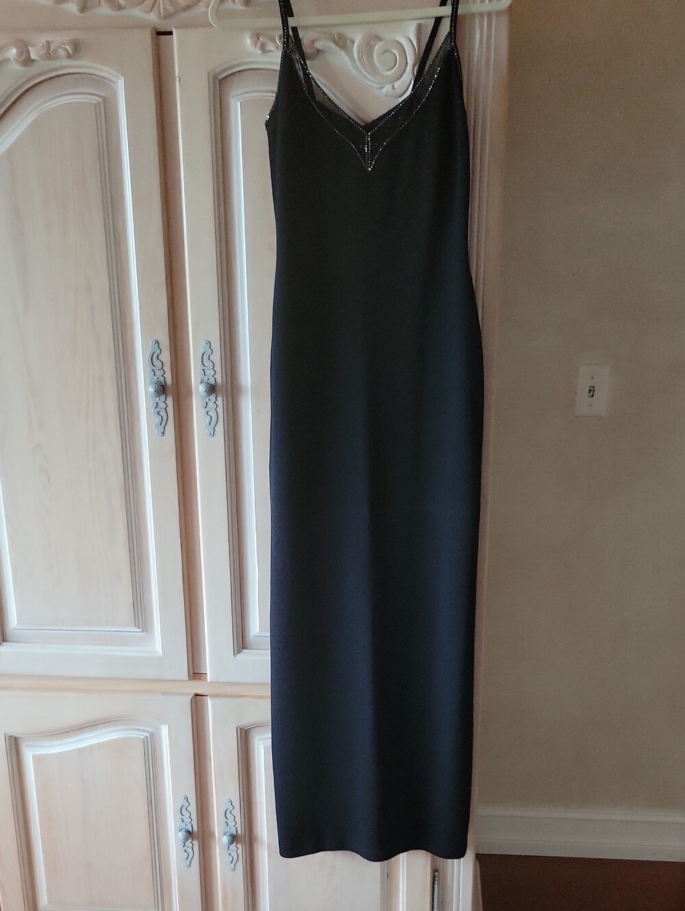 St. John Black Maxi Slip Dress with Beaded V-Neck